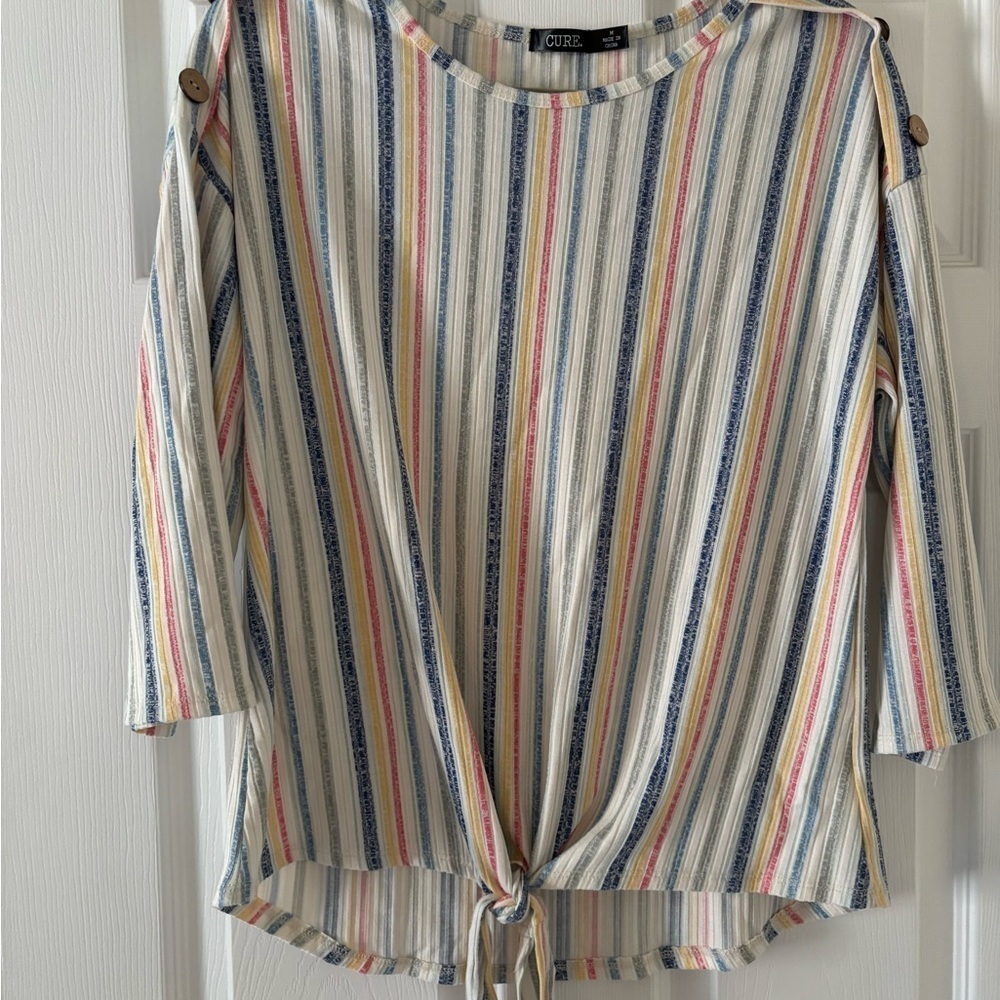 Blue 3/4 Sleeve Tie Front Blouse
